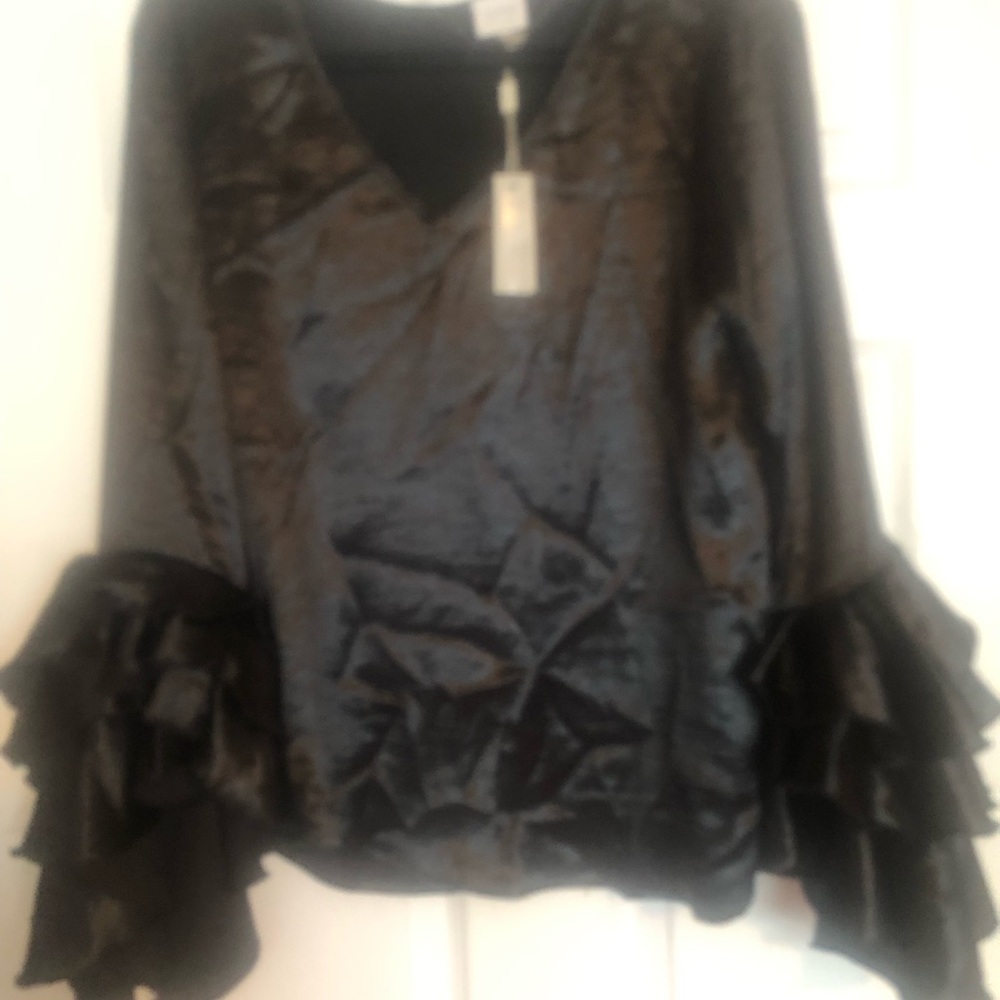 Cupio Black V-Neck Top with Layered Ruffle Sleeves